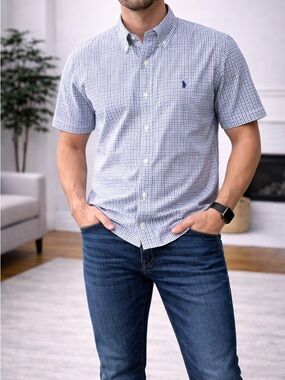 Ralph Lauren Mens Button Up  Shirt Blue/White Short Sleeve w/Blue Pony Medium